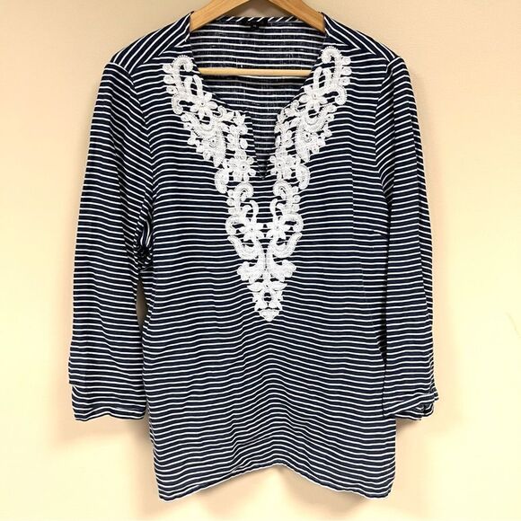 - Talbots blue/white striped linen embroidered top Sz XL - Picture 1 of 9